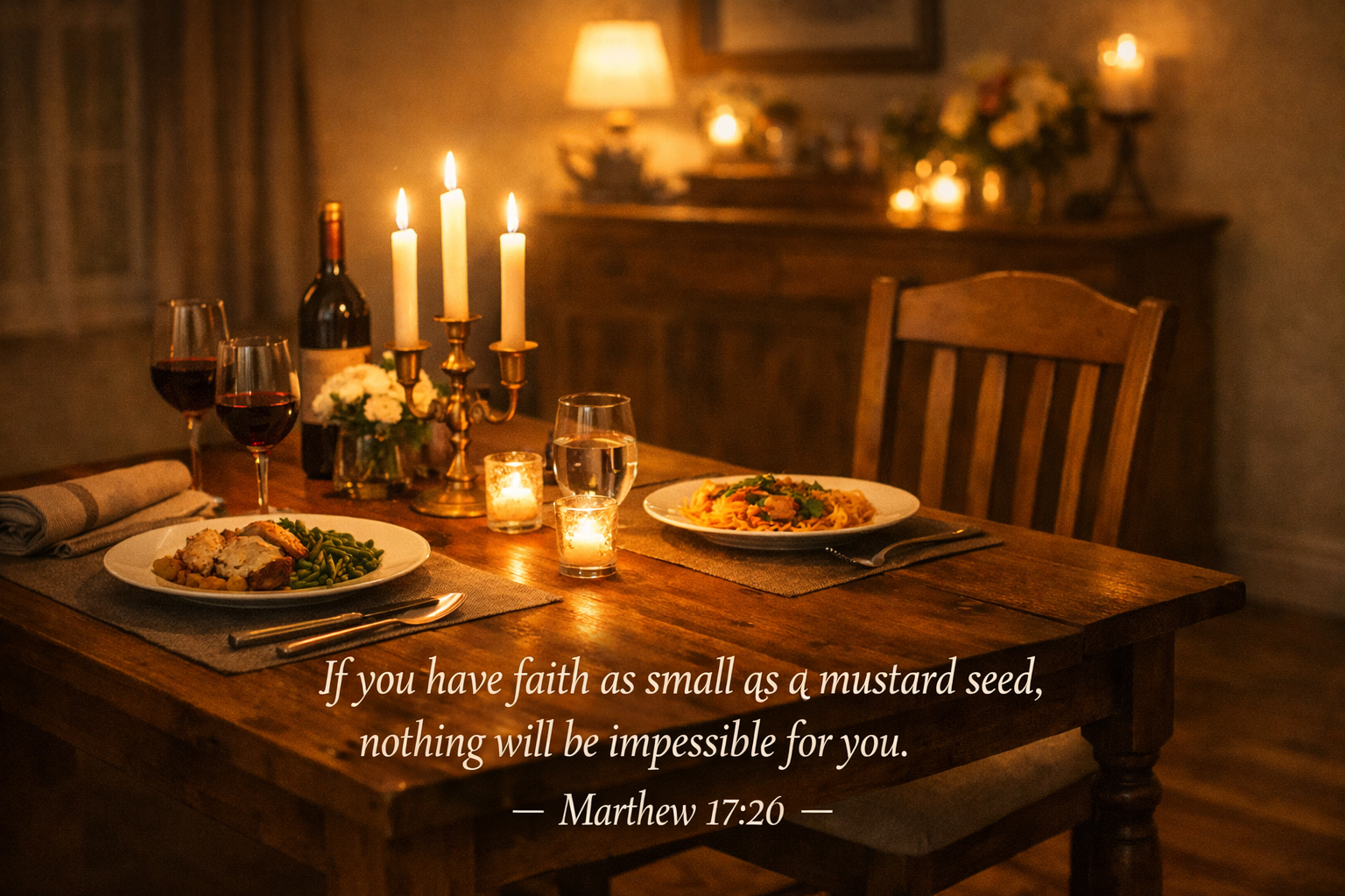 Intimate dinner table set for two with candles lit and empty chair with Mark 11:24 verse about believing in prayer